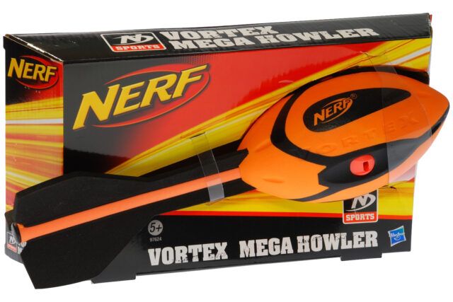 Dette er et billede af Nerf Vortex Aero Howler - Orange/Blå i kasse