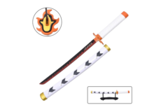 Hvid, Orange og Sort Mini Katana med flamme detalje – Bambusklinge inkl. stander (Lille 45 cm)