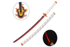 Hvid, Orange og Sort Katana med flamme detalje – Bambusklinge med LED Lys