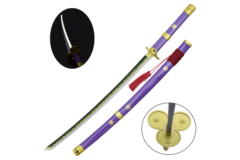 Violet og Guld Katana med blod detaljer – Bambusklinge med LED Lys